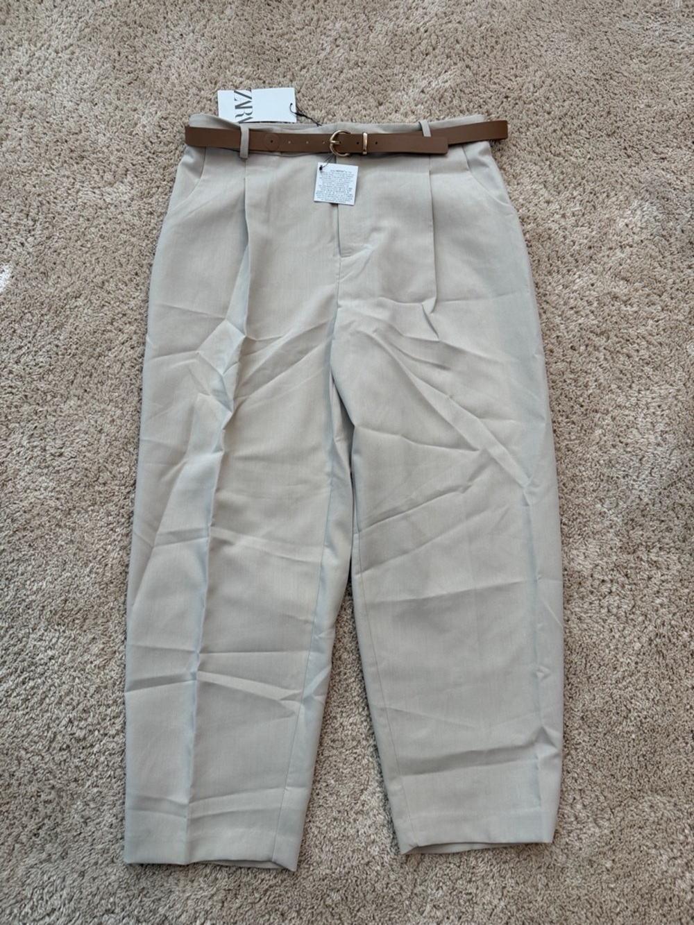 Zara Beige Pleated Trousers with Brown Belt